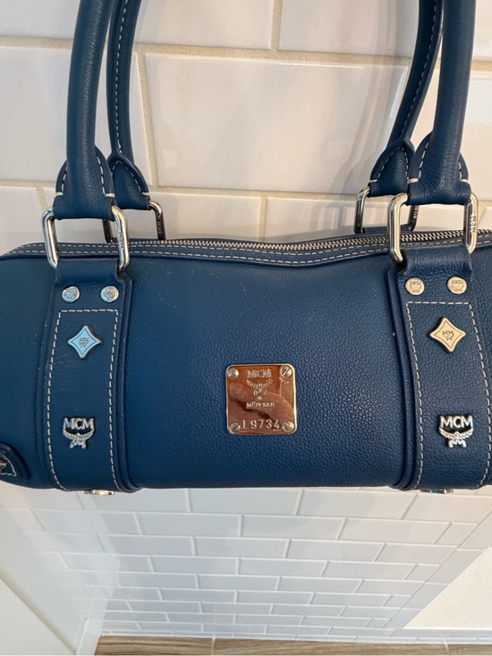 MCM Handbags - MCM Navy Blue Leather Barrel Shoulder Bag with Silver Hardware